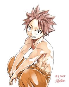 an anime character with pink hair and no shirt sitting on his knees, looking at the camera