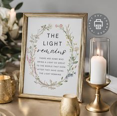 the light remains printable sign next to candles and flowers