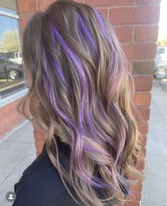 Lilac Hair Peekaboo, Balayage With Peekaboo Color, Dark Blonde And Purple Hair, Dark Blonde Hair With Purple Highlights, Lavender Peekaboo Highlights, Purple Peekaboo Hair Blonde, Dark Purple And Blonde Hair, Purple Streaks In Blonde Hair, Blonde With Purple Underneath