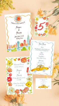 New York, New York Skyline, Cityscape, Latin Florals, Latin Wedding, Orange Florals,Colorful Wedding Latin Wedding, Wedding Orange, Bespoke Wedding Stationery, Personalized Art, Orange Wedding, New York New York, Bespoke Wedding, Personalized Stationery