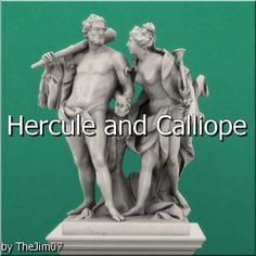 two statues with the words herecule and callope on it in front of a green background