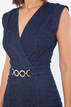 Chic Fitted Denim Jumpsuit With Belt Loops, Chic Denim Belted Jumpsuits And Rompers, Chic Denim Jumpsuit With Belt Loops, Zipper Jumpsuit, Stretch Jumpsuit, Colorful Jumpsuit, Navy Fashion, Jumpsuit Fashion, Denim Jumpsuit