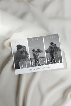 an image of a couple on their wedding day with the save the date card in front