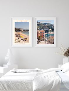 there are two pictures hanging on the wall next to each other in this white bedroom