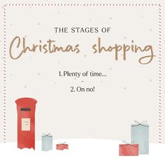 the stages of christmas shopping are shown in red and blue boxes with presents on them