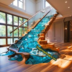 a staircase made out of wood and glass with blue water running down the bottom part