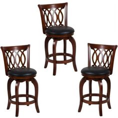 four wooden barstools with black leather seats