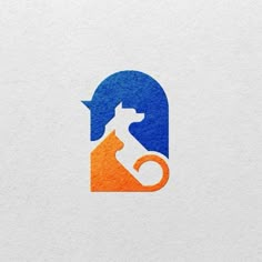 a logo for a pet store with a dog and cat on the front, in blue and orange colors