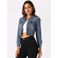 This is a fit H-shaped denim jacket with a lapel collar. It is made of thick and warm denim fabric, which becomes soft and comfortable after washing. The front center uses a button door to open and close with a regular lapel, which is very simple and practical. The front symmetrical chest pockets and puff sleeves add elegance and romance. It is suitable for the 18-35-year-old light mature group to get off work, go shopping, and make appointments. It is the perfect lightweight jacket for a casual Denim Blue Cropped Denim Jacket For Winter, Winter Cropped Denim Jacket In Denim Blue, Winter Denim Blue Cropped Denim Jacket, Fitted Denim Blue Cropped Winter Jacket, Get Off Work, Off Work, Classic Denim Jacket, Casual Night Out, Faded Jeans