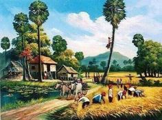 a painting of people working in a field with palm trees and houses on the other side