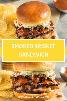 two bbq sandwiches sitting on top of a wooden cutting board next to some chips