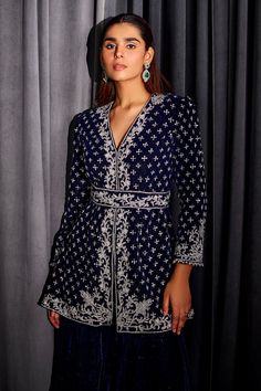 Navy kurta featuring sequin, and bead work all over. Paired with a gharara. Comes with an embroidered belt. - Aza Fashions Festive Formal Blue Sharara, Blue Traditional Sharara For Formal Occasions, Blue Anarkali Palazzo Set For Formal Occasions, Formal Blue Anarkali Palazzo Set, Formal Sharara With Mirror Work And Long Sleeves, Traditional Blue Sharara For Formal Occasions, Formal Blue Sharara With Resham Embroidery, Formal Sharara With Mirror Work, Formal Blue Embroidered Sharara