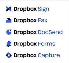 four different types of logos with the words dropbox sign, dropbox fax, dropbox docsend, dropbox forms and dropbox capture