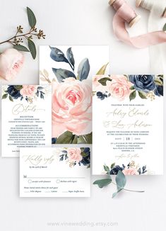 wedding stationery with roses and greenery