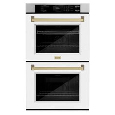 two ovens side by side with the doors open and one is white and gold