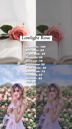 a girl in a white dress holding a pink rose next to a book with the words twilight rose on it