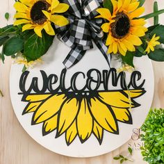 Sunflower Welcome Sign Door Home Greenery, Sunflower Welcome Sign, Playful Fonts, Sunflower Door Hanger, Greenery Flowers, Baby Door Hangers, Baby Door, Ashley Nicole, Sunny Season