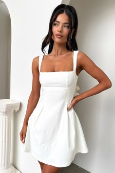 Bransley Dress - White – Thats So Fetch US White Dress Silver Accessories, Year Six Graduation Dress, Grad Dresses Year 6, Square Neck Hoco Dress, Year 6 Formal Dresses, Short Graduation Dresses College, Confirmation Dresses Long, Cute White Mini Dress