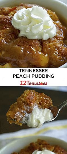 two pictures showing how to make peach pudding with vanilla ice cream on top and in the bottom