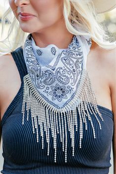 Say no more, contest over! You win in our crystal fringe bandana. Perfect for any concert, festival, or night out!! A GB original, we are the original designers of this fabulous accessory. Don't buy a cheap imitation that doesn't sparkle and the fringe falls off!! Sewn by our expert couture seamstress, each bandana has over 9" of our exclusive multi length crystal fringe. Will ship in one week! 30" x 30" bandana. Trendy Festival Jewelry With Fringe, Festival Jewelry With Rhinestones, Fringe Bandana, Bad Bunny Concert Outfit, Bandana Neck Scarf, Crystal Fringe, Bandana Neck, Say No More, Concert Festival