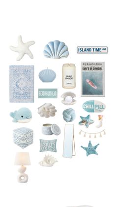 an assortment of sea related items including shells, seashells and starfishes