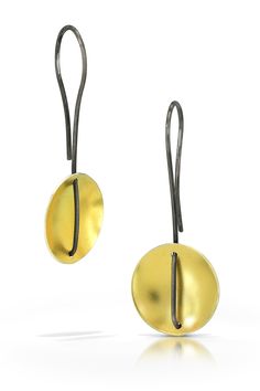 Gold & Silver Earrings - Timeless & elegant concave circles hang from and are stitched with a contrasting color of Argentium silver wire, creating a sleek, continuous design.<br><br>Available in:<ul><li>22k gold bimetal with oxidized wire</li><li>Bright argentium silver with oxidized wire</li><li>Oxidized argentium silver with bright silver wire</li></ul> Elegant Hand Forged Circle Earrings, Modern Hoop Earrings With French Hook, Elegant Metal Round Disc Earrings, Modern Round Hand Forged Earrings, Modern Hand Forged Round Earrings, Mixed Metal Jewelry, Artful Home, Argentium Silver, Circle Earrings