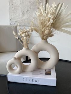 two white vases sitting on top of a table next to each other with dried flowers in them