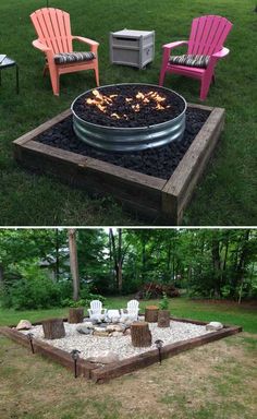 an outdoor fire pit with chairs around it