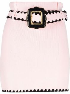 baby pink cotton knitted construction high-waisted contrasting trim front button fastening two front patch pockets belted waist straight hem thigh-high Hollister Style, Mint Outfit, Mini Skirt Pink, Vintage Designer Bags, University Outfit, Belted Mini Skirt, Pink Mini Skirt, Over The, Contrasting Trim