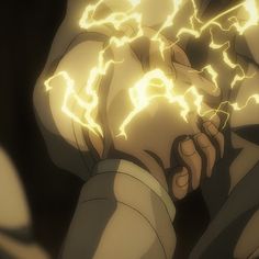 an anime character with his hands on his face and lightning coming out of his chest