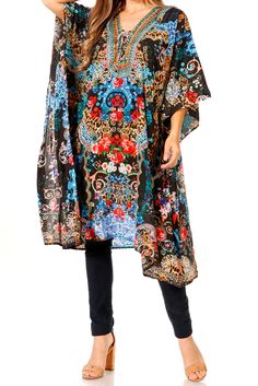 Sakkas Zeni Women's Short sleeve V-neck Summer Floral Print Caftan Dress Cover-up#color_545 Dress For Everyday, Caftan Dress, Basic Dress, Dress Cover, Loose Dress, Summer Floral, Cover Up Dress, Summer Wear, Swing Dress