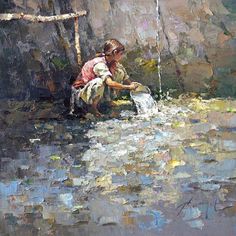 a painting of a woman washing her hands in a stream