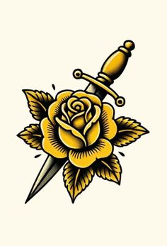 a yellow rose with a knife in it's center and the word love is written on