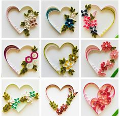 paper flowers are arranged in the shape of heart shaped frames, with different colors and sizes