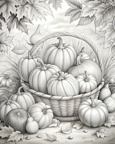 a black and white drawing of pumpkins in a basket with autumn leaves around it