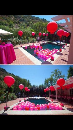 pink and red balloons floating in the air near a swimming pool with tables set up for an outdoor party