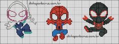 cross stitch pattern with spiderman, cat and other cartoon characters on the same page