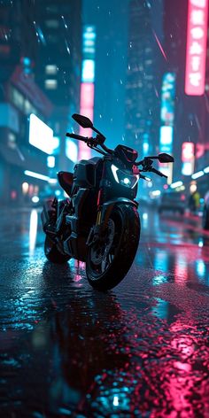 a motorcycle parked in the rain on a city street at night with neon lights behind it