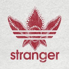 a red and white logo with the word, stranger on it's side