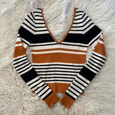 Pacsun Mustard, Cream, And Black Striped V-Neck Sweater Crop Top. Nwot. Never Been Worn. Riverside Cottage, Sweater Crop, Crop Top Sweater, Kendall Kylie, Kendall + Kylie, V Neck Sweater, Yellow Black, Pacsun, Black Stripes