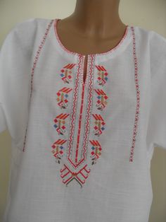 Embroidered blouse with traditional Bulgarian embroidery came from the centuries Traditional Long Sleeve Blouse With Woven Motifs, White Traditional Tops With Traditional Patterns, Folk Style Embroidered Top With Woven Motifs, Traditional White Embroidered Top, Traditional Tops With Festive Patterns, Spring Traditional Wear With Multicolor Embroidery, Summer Embroidered White Traditional Wear, Traditional Wear With Multicolor Embroidery For Spring, Traditional Tops With Traditional Patterns For Festivals