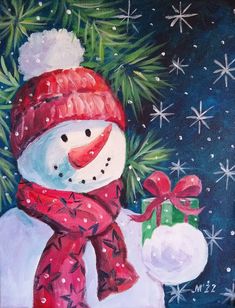 a painting of a snowman holding a present