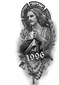 an image of jesus holding a rosary with the year 2006 written on it in black and white