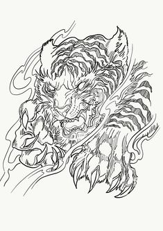 a black and white drawing of a tiger's head with flames coming out of it