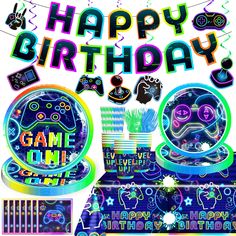 PRICES MAY VARY. 【package includes】: gamer birthday party decorations tableware set includes 25pc 9" disposable skating plates, 25 pc 7"disposable plates, 25 pc straws, 25 pc paper cups, 25 forks, 25 pcs gamer theme napkins, 1pc happy birthday banner, 8pc hanging swirls, 8pc hanging cards,1pc tablecloth. this video game birthday decorations tableware set will make your all-star boy’s girl's birthday decoration party funnier. 【high-quality】: the Gamer Birthday Party Decorations tableware plates c Video Game Theme Birthday Party, Video Game Birthday Party Decorations, Gaming Birthday Party, Video Game Party Decorations, Gamer Birthday Party, Birthday Streamers, Video Game Birthday Party, Gaming Birthday, Game Birthday Party