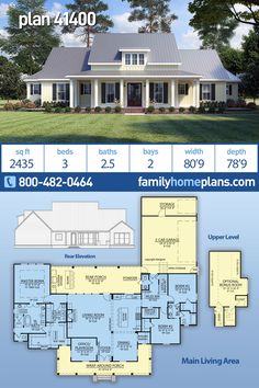 two story house plan with 3 bedroom and 2 bathrooms on the first floor, an open living