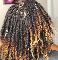 Colored Tips Locs, Locs With Dyed Ends, Highlights Locs, Ombre Locs Black Women, Loc Highlights Black Women, Locs With Highlights, Curly Locs Black Women, Natural Locs With Curly Ends