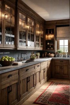 a kitchen filled with lots of wooden cabinets and counter top space next to a rug