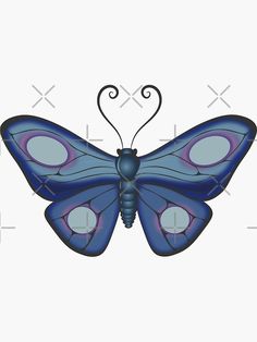 a blue and purple butterfly sitting on top of a white wall