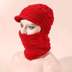 Red Knit Hat With Attached Face Covering/Scarf. Hat & Scarf Are Lined With Faux Fur. One Size Fits All Tie Dye Bucket Hat, Skull Hat, Purple Logo, Pink Beanies, Running Hats, Vintage Headbands, Feather Hat, Hat Scarf, Ear Hats